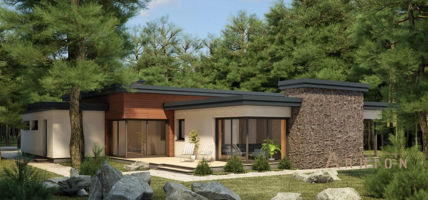 1. Проект одноэтажного дома в стиле лофт с плоской кровлей , 112-240, площадью - 239 кв c сауной, терассой, гаражом